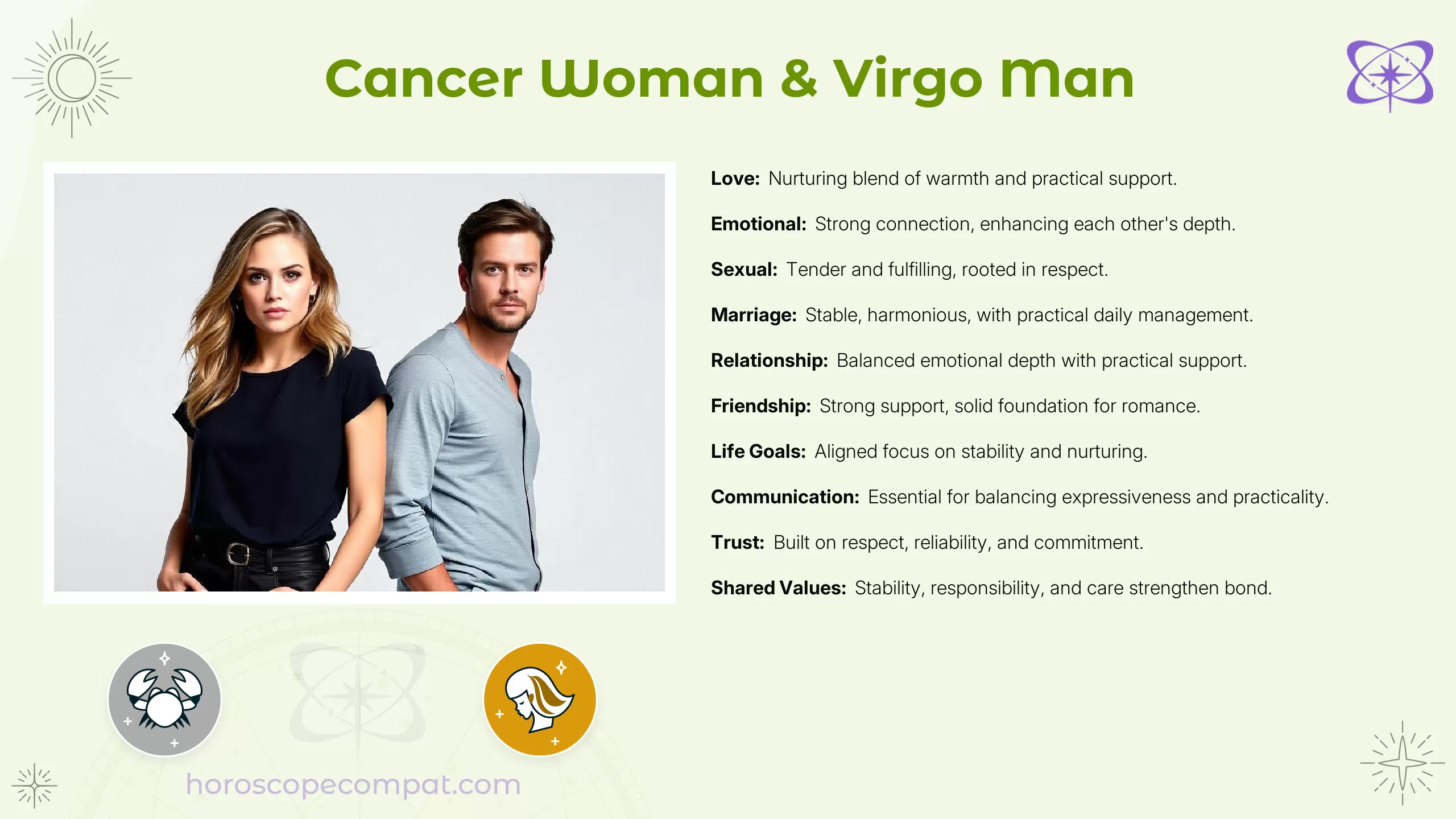 How to improve compatibility between Cancer women and Virgo men? Tips here!